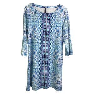 Aqua et Sol Tunic Dress Womens Size Medium Blue Crewneck Long‎ Sleeve Geometric